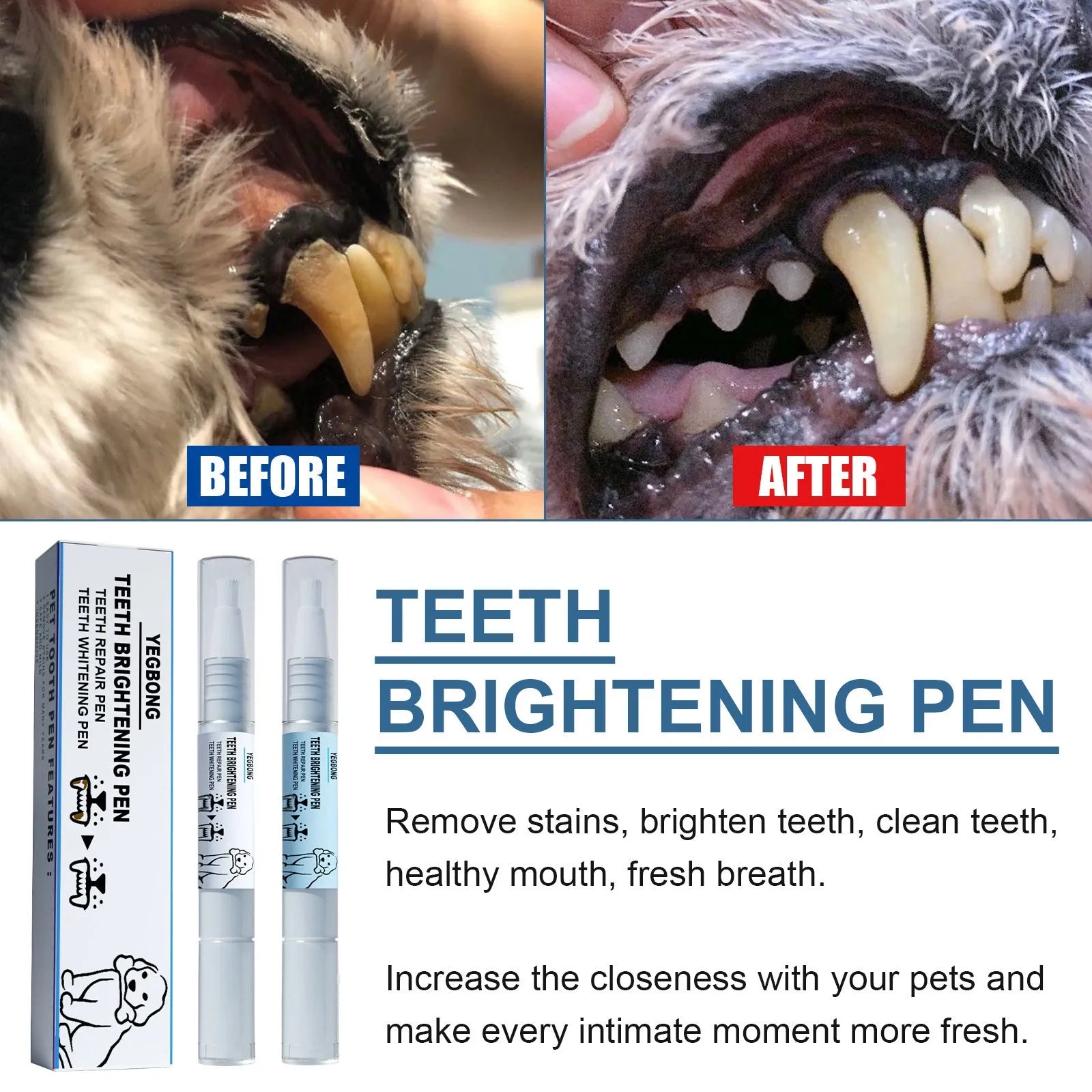 Yegbong pet teeth whitening pen kit with 3ml gel, solution and dental brushes for dogs and cats