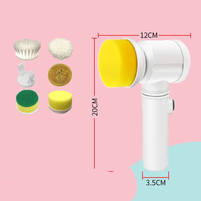 Electric kitchen cleaning brush with replaceable nylon and sponge brush heads for stove and range hood cleaning