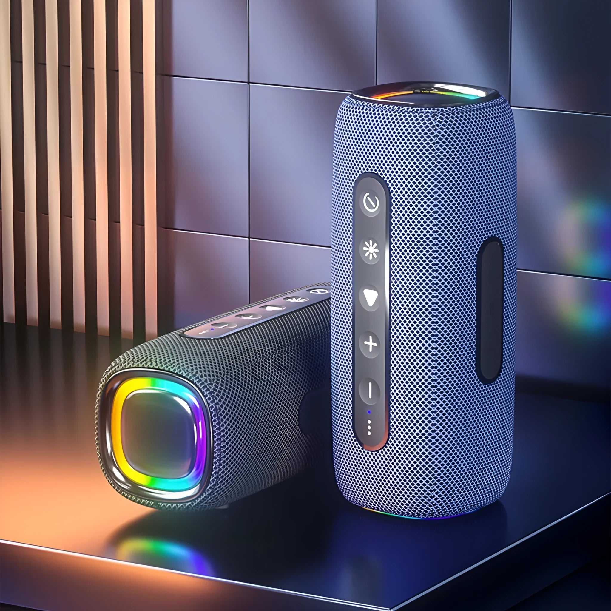 Outdoor waterproof portable wireless Bluetooth speaker EBS-608 in gray with dual speaker units and cloth net cover