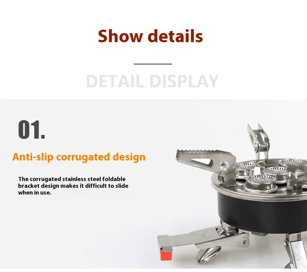 Silver foldable stainless steel and copper split camping stove with a long hose, shown closed for transport.
