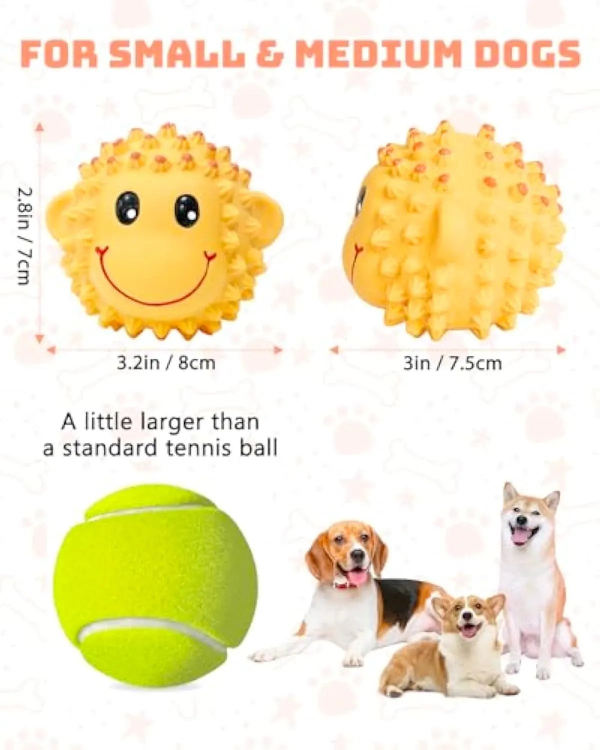 Orange and yellow spiky latex squeaky dog toy shaped like an animal ball