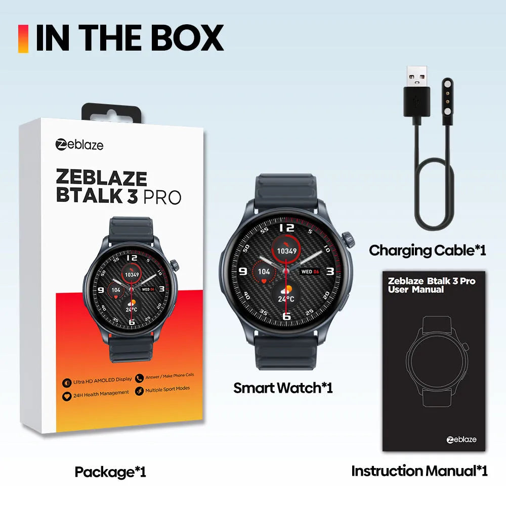 Btalk 3 Pro smart watch with AMOLED display showing health tracking data on blue-coloured case