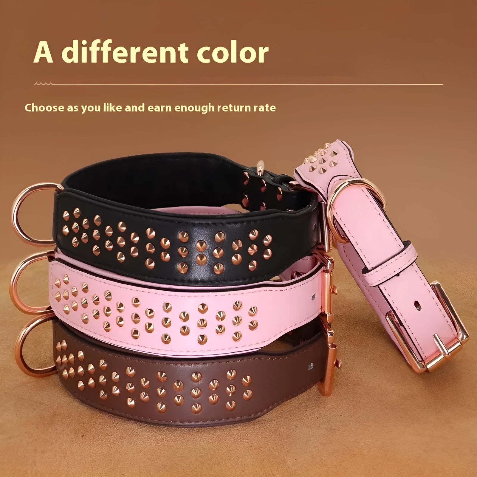 Leather dog collar with metal anti-bite rivets in chocolate, pink, or black colour for medium to large dogs
