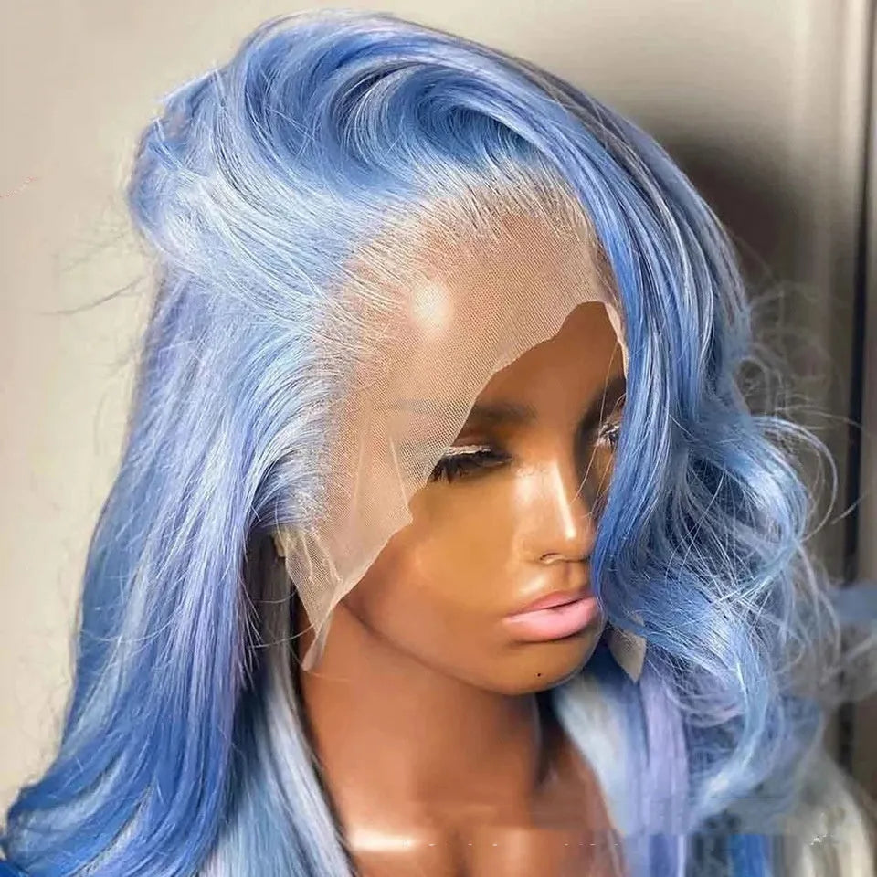 Body wave human hair lace front wig on a mannequin head, showing medium-long length.