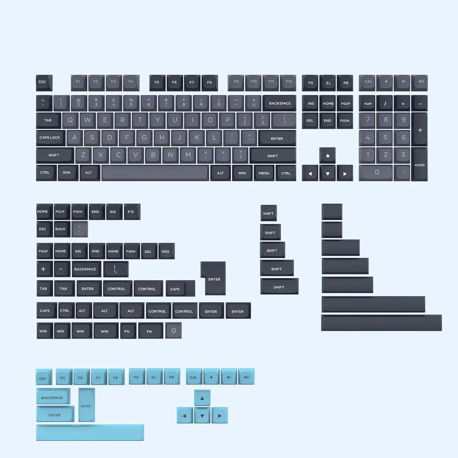 189-key PBT keycap set in Klein Blue, compatible with MX mechanical switches, featuring secondary forming legends