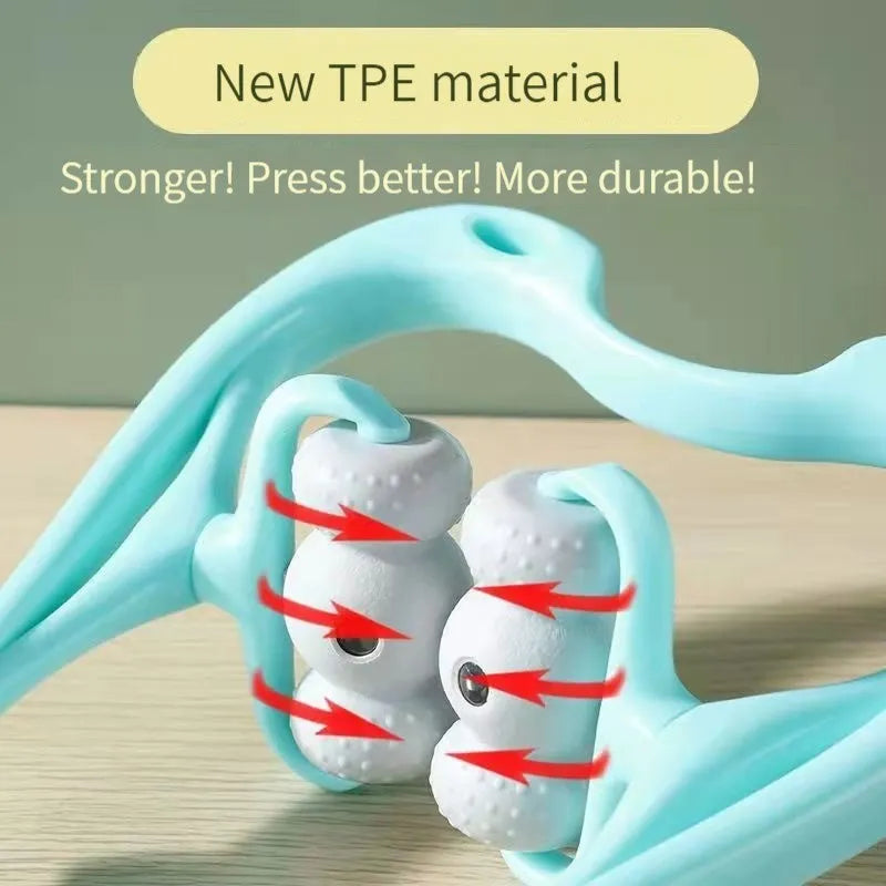 Blue handheld neck massager with pressure points showing 360-degree rotation capability