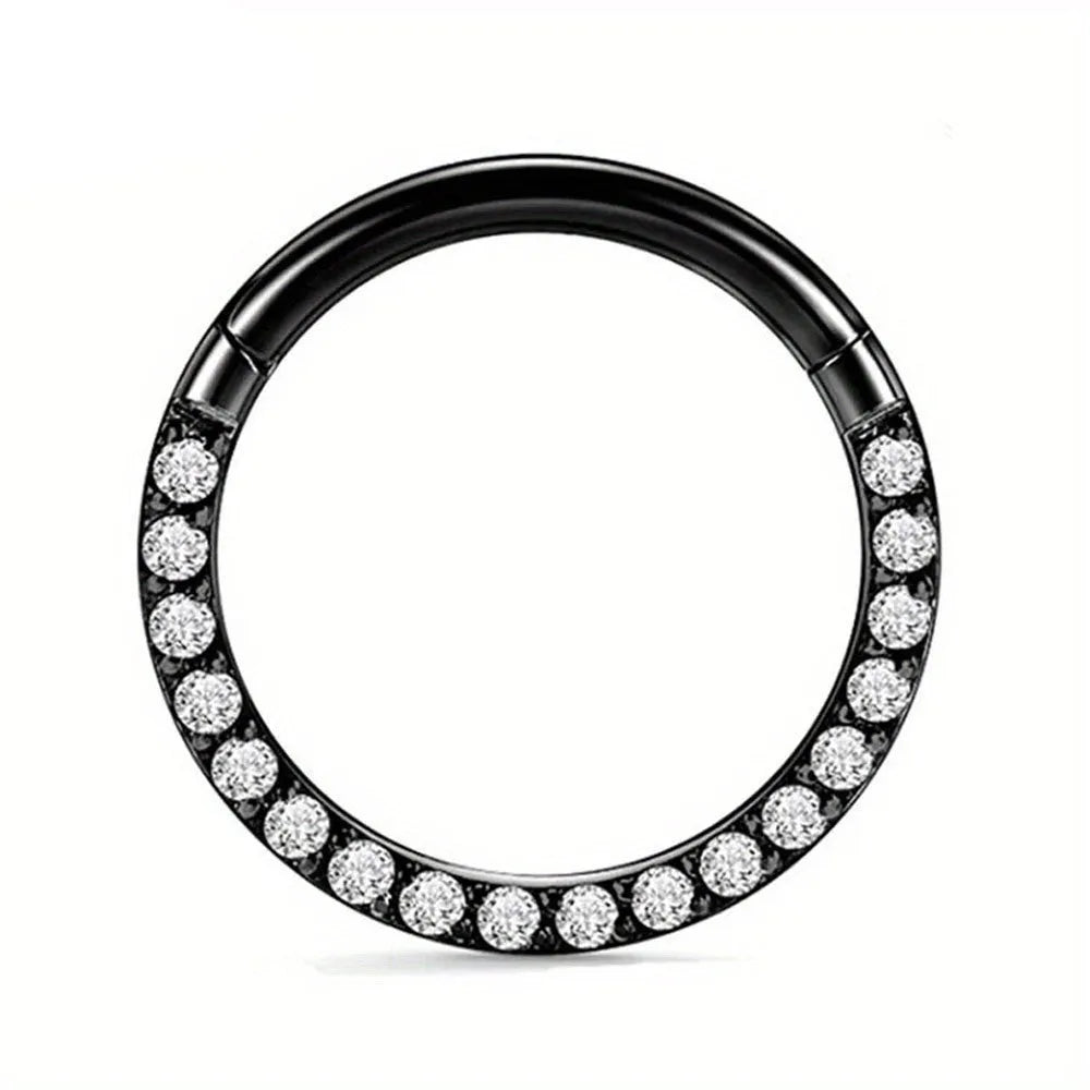 A stainless steel seamless nose ring with a diamond setting, shown in gold, rose gold, black, and steel finishes.