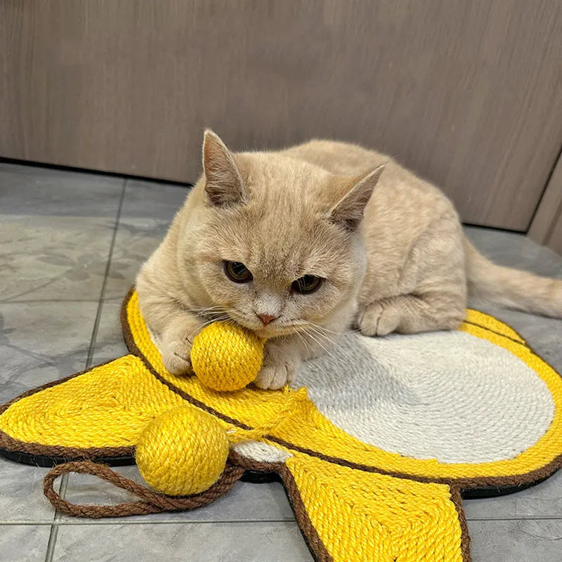 Yellow rectangular sisal cat scratching pad with Corgi butt design on a white background
