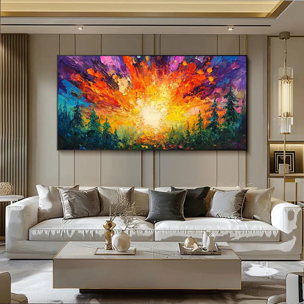 Hand-painted oil painting of a sun rising in a deep forest with brilliant light, square canvas wall art without frame