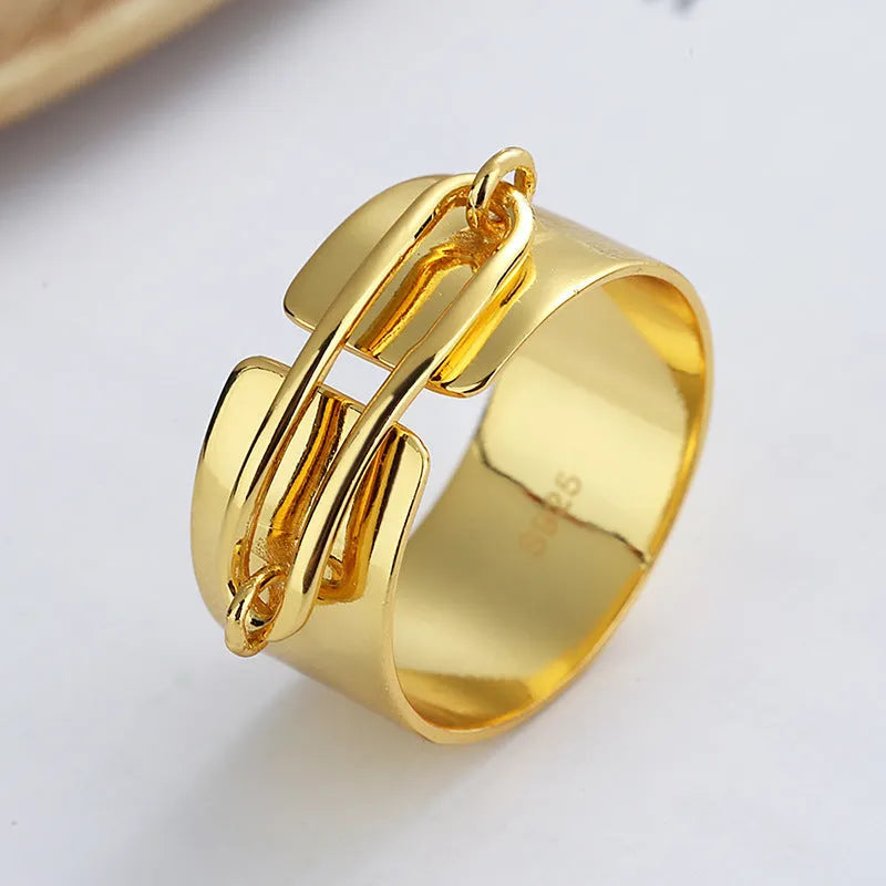 S925 sterling silver cold style irregular geometric ring with adjustable opening, yellow gold finish, round element