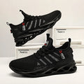 Men's mesh casual running shoes in black with cross strap detailing and lace-up closure