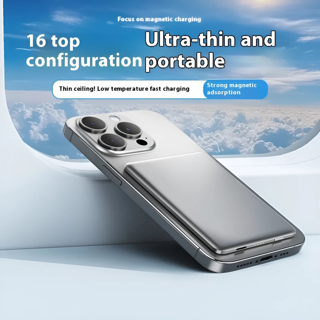 Gun grey magnetic wireless power bank showing slim alloy case with wireless charging surface