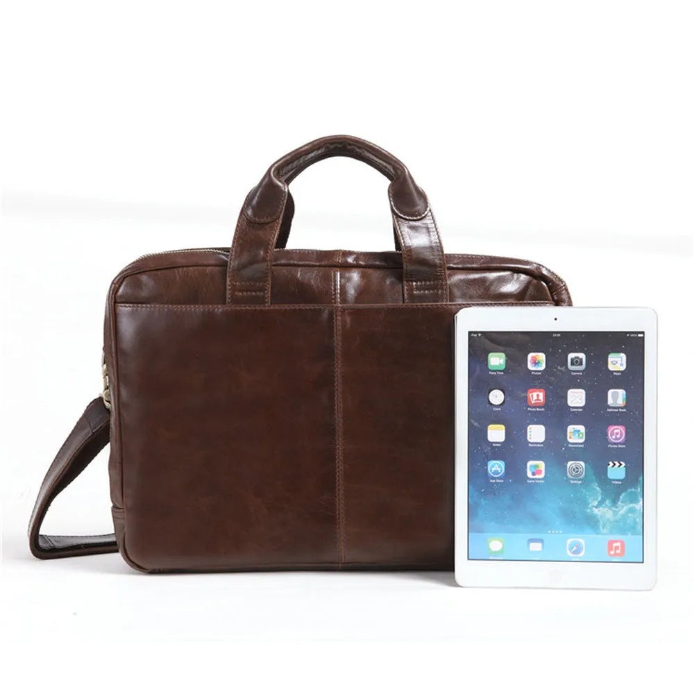 Brown leather men's business briefcase with 18-inch size and first layer cowhide construction