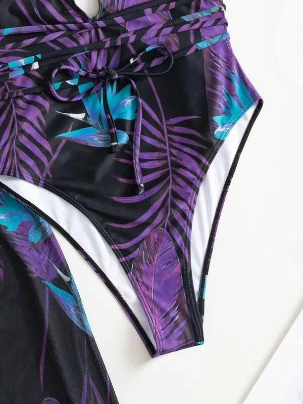 Women's three-piece polyester swimsuit set with cover-up coat in pattern options