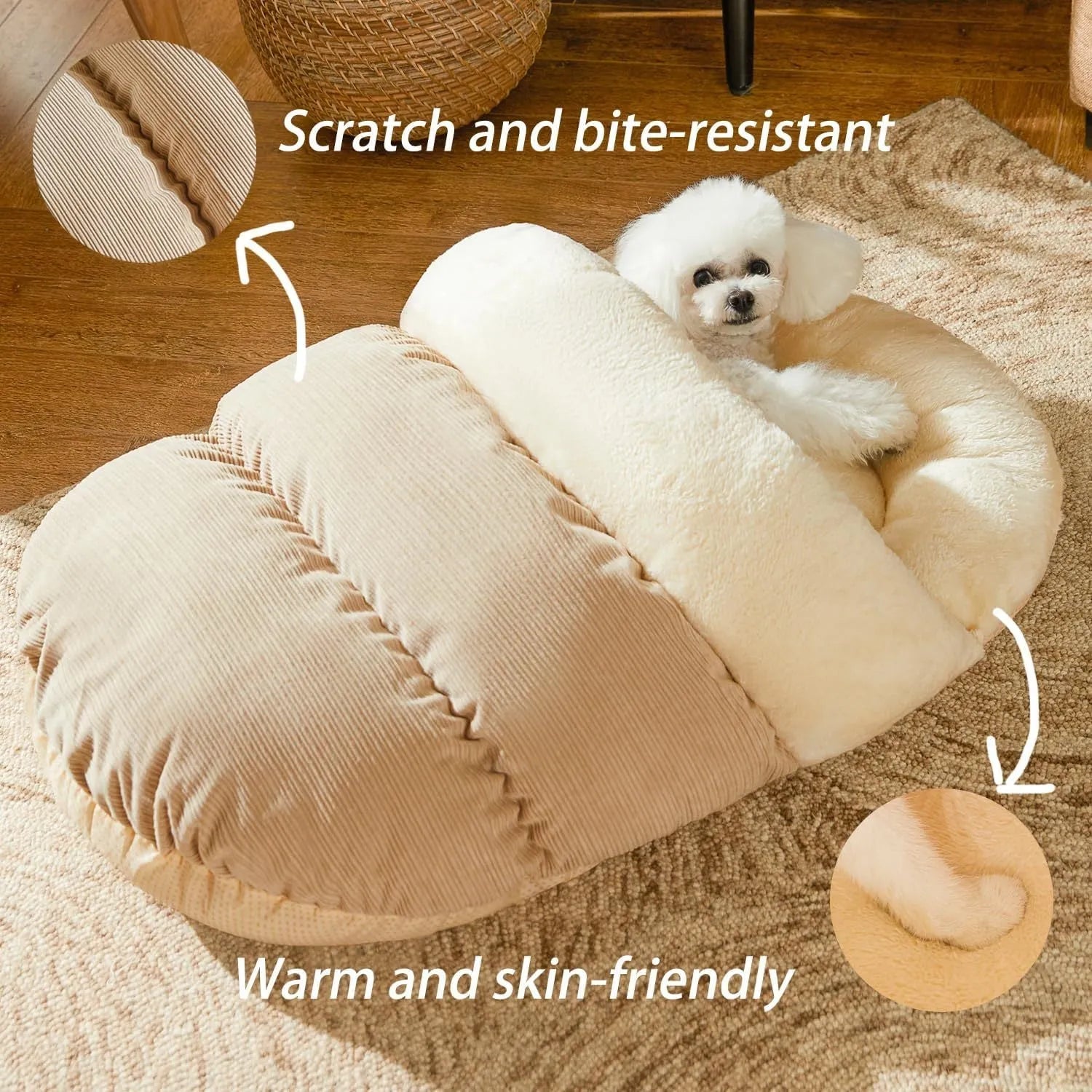Grey corduroy slipper-shaped cat cave bed with plush interior, shown both as a closed hideout and opened as a flat lounging bed.