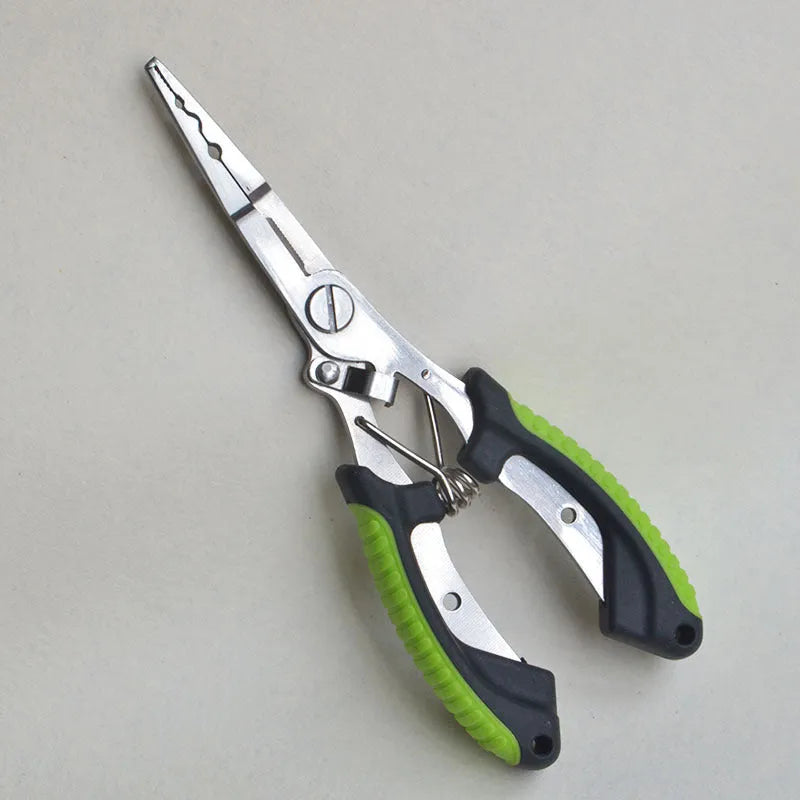 Multifunctional fishing pliers with blue handle, straight mouth, hook, and nylon storage bag.