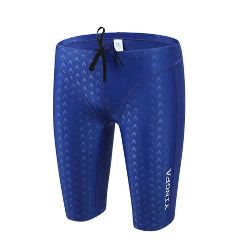 Kids race training swim trunks in black polyester spandex, front view, sizes XS to 3XL