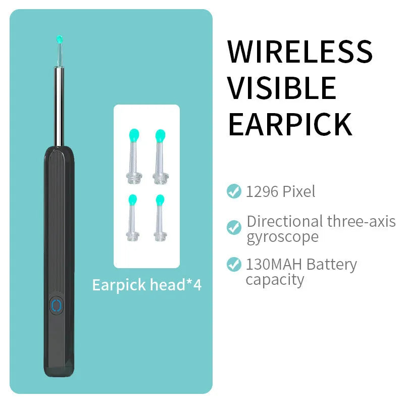 NE3 wireless ear cleaner otoscope with camera, charging cable, and spoon heads on a white background.
