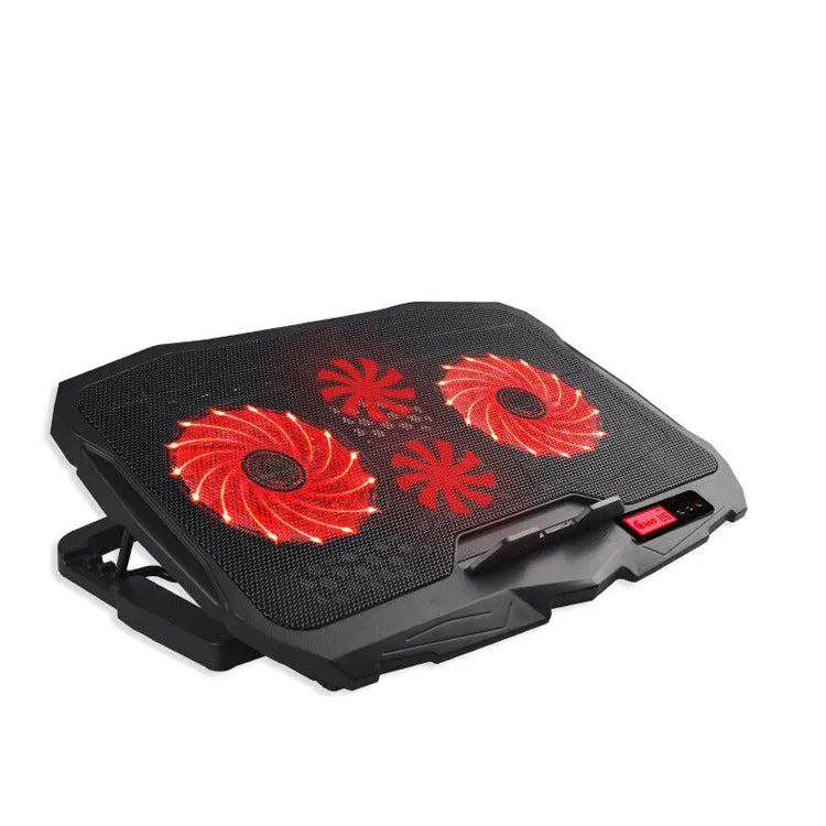 Black laptop cooling stand with copper heat sink, four heat pipes, and variable speed fan for notebook computers
