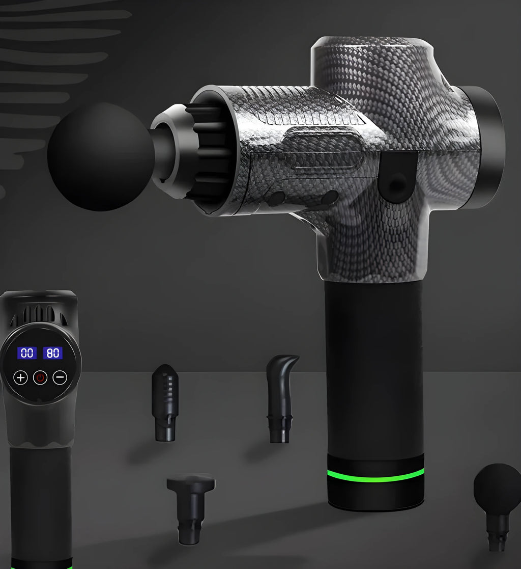Black electric body massage gun with seven different coloured interchangeable attachment heads.