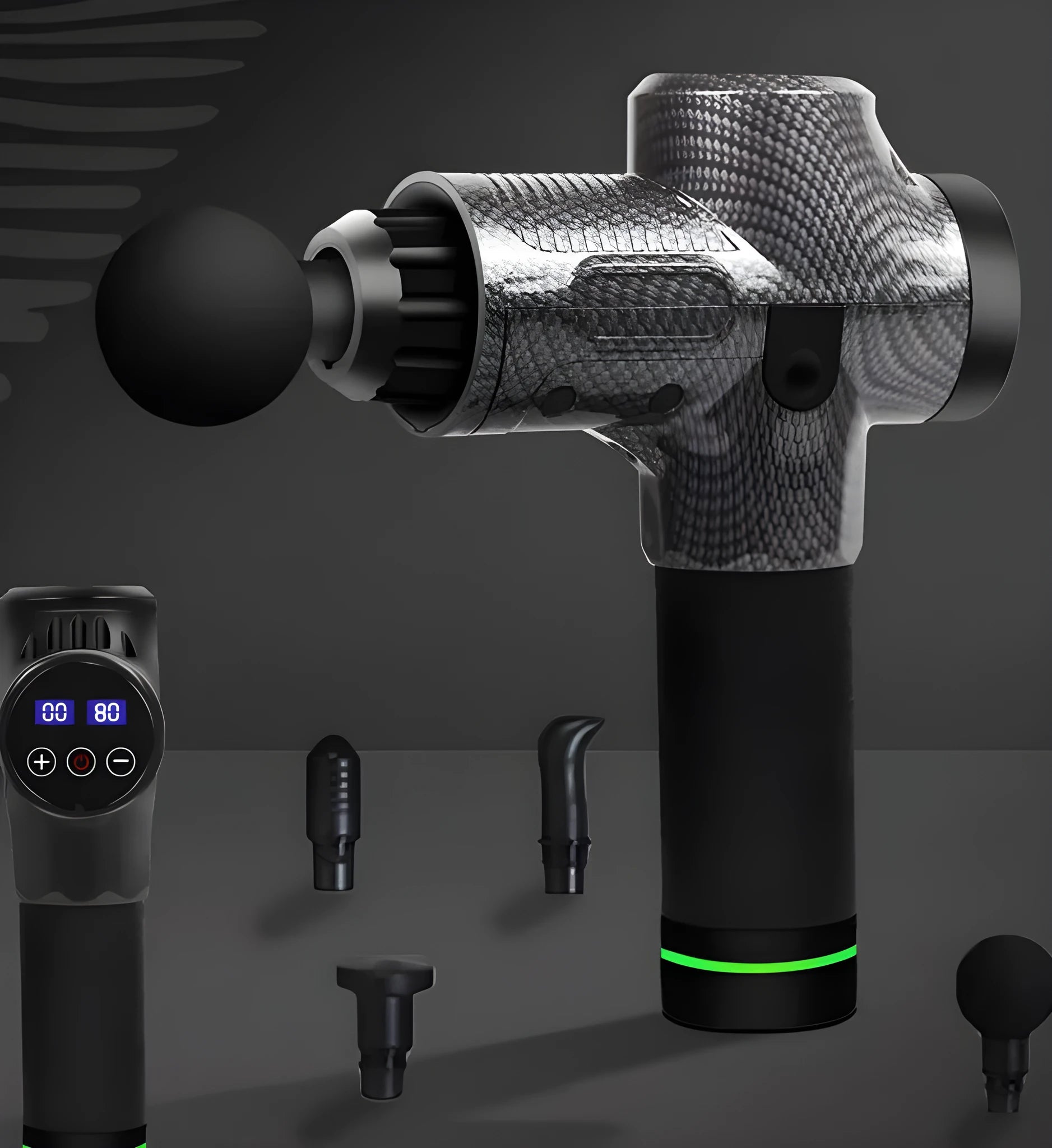 Black electric body massage gun with seven different coloured interchangeable attachment heads.