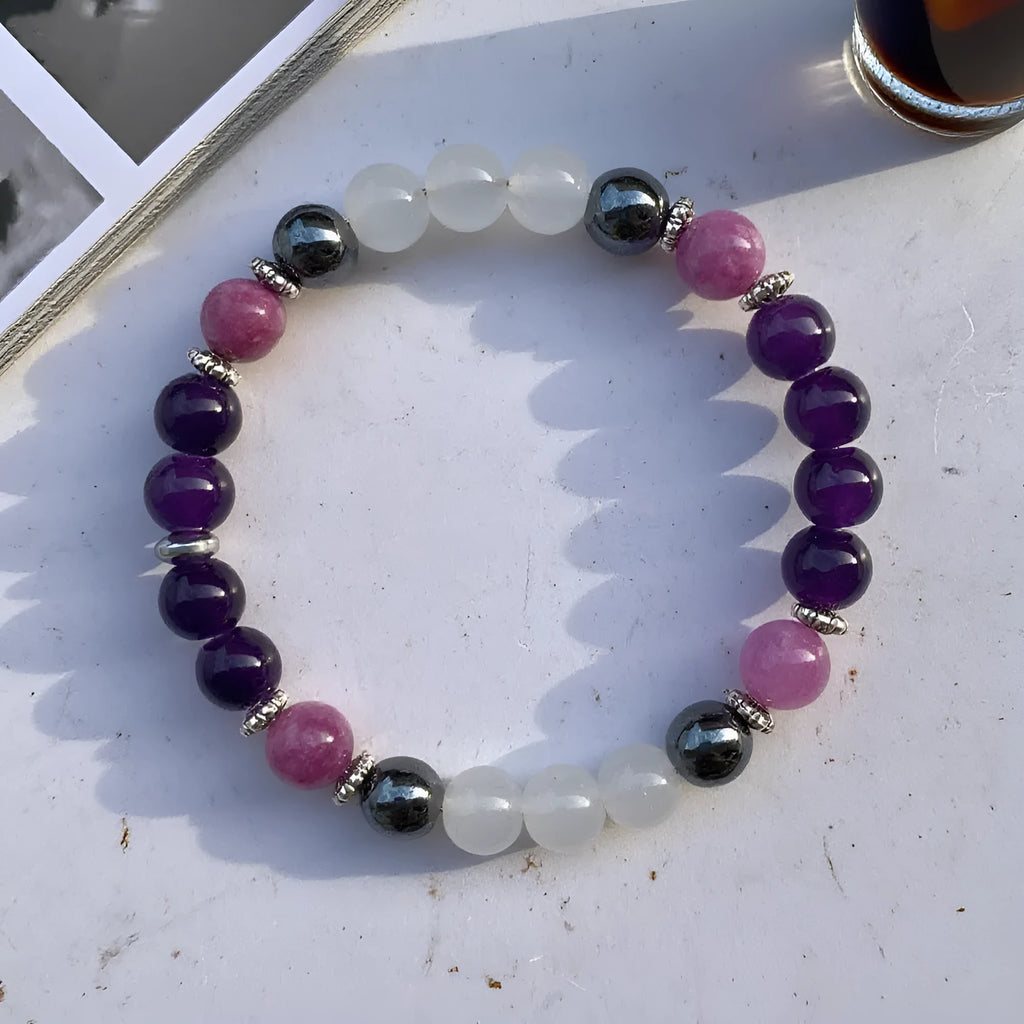 Amethyst purple mica hematite white crystal bracelet with 8mm natural stone beads and coloured glaze, unisex style