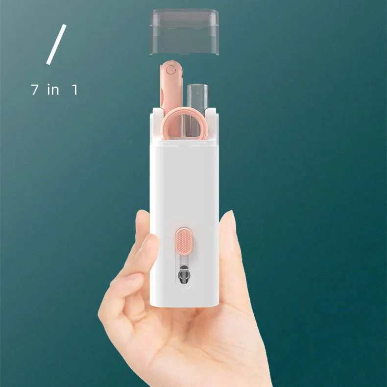 White multifunctional electronic cleaning kit with foldable pen, retractable brush, keycap puller, and spray bottle.