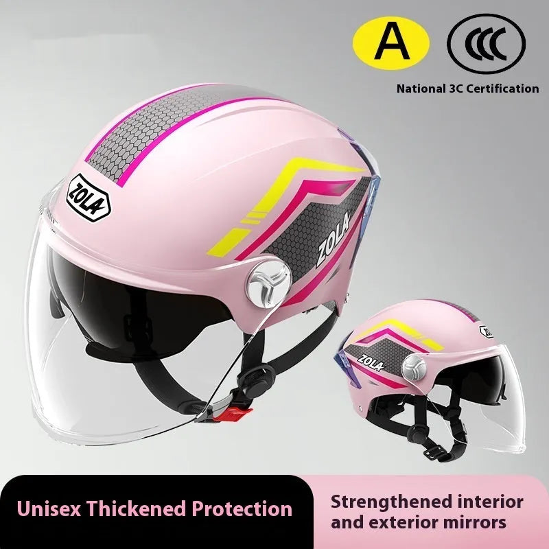 Motorcycle half helmet in various colours with a double mirror visor, shown on a neutral background.