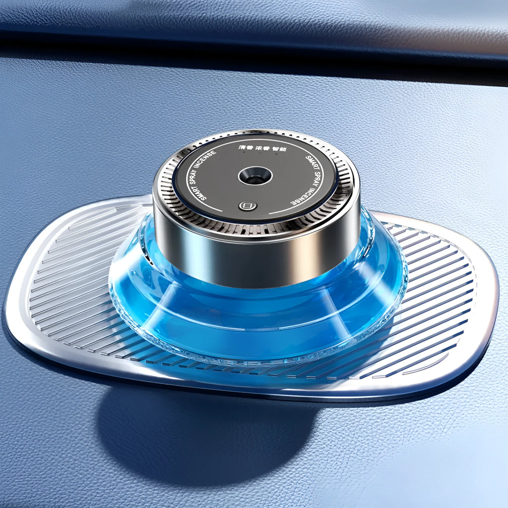 Magnetic car air freshener unit in Gentleman's Black or Qian Shan Cui colour, shown with fragrance fluid.