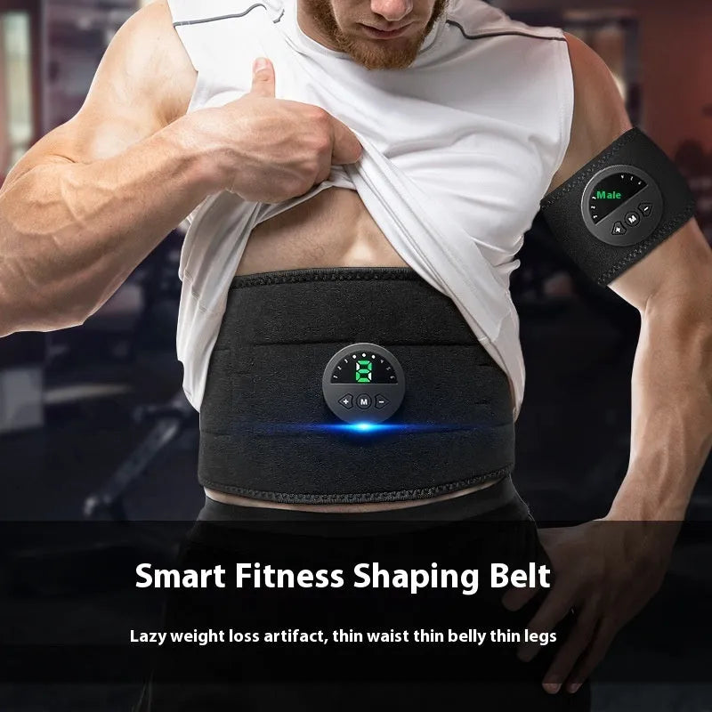 Fitness belt with display screen for waist and abdomen fat reduction, shown with host and USB cable.