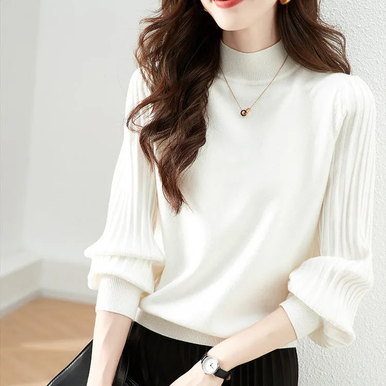 Slim fit half turtleneck shirt in core-spun yarn with spandex, showing sunken stripe detail and regular sleeves
