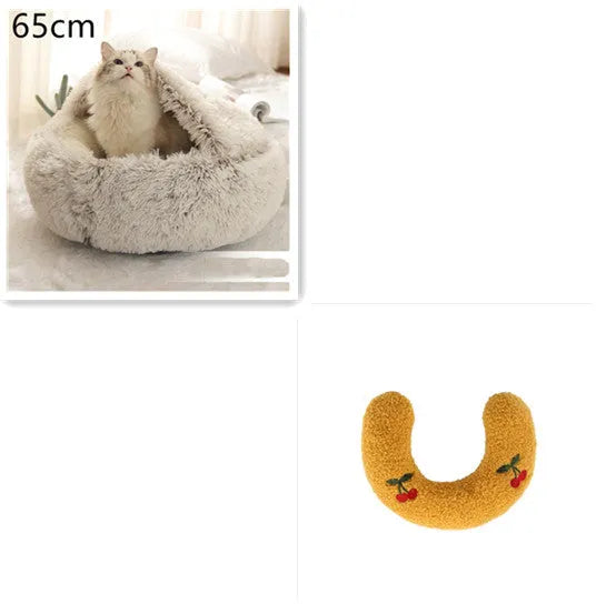 2 in 1 round plush pet bed with PP cotton filling for dogs and cats, available in brown, 65cm size