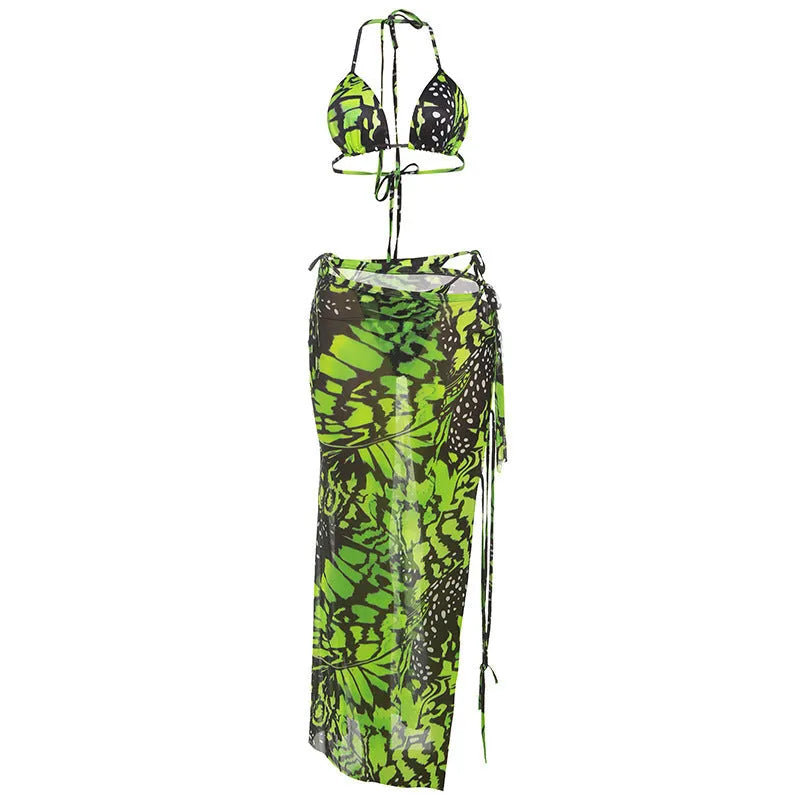 Green fashion printed long skirt bikini three-piece set for women, street style, polyester fabric, sizes S M L