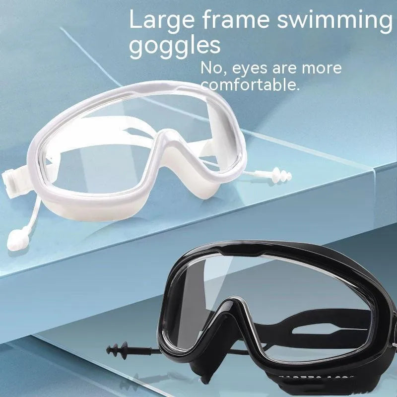 Large frame anti-fog waterproof swimming goggles for adults, transparent black colour, adjustable strap