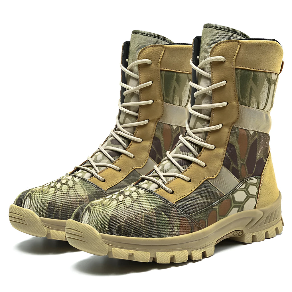 Men's black and camouflage high-top mesh Martin combat boots showing totem detail, side view.