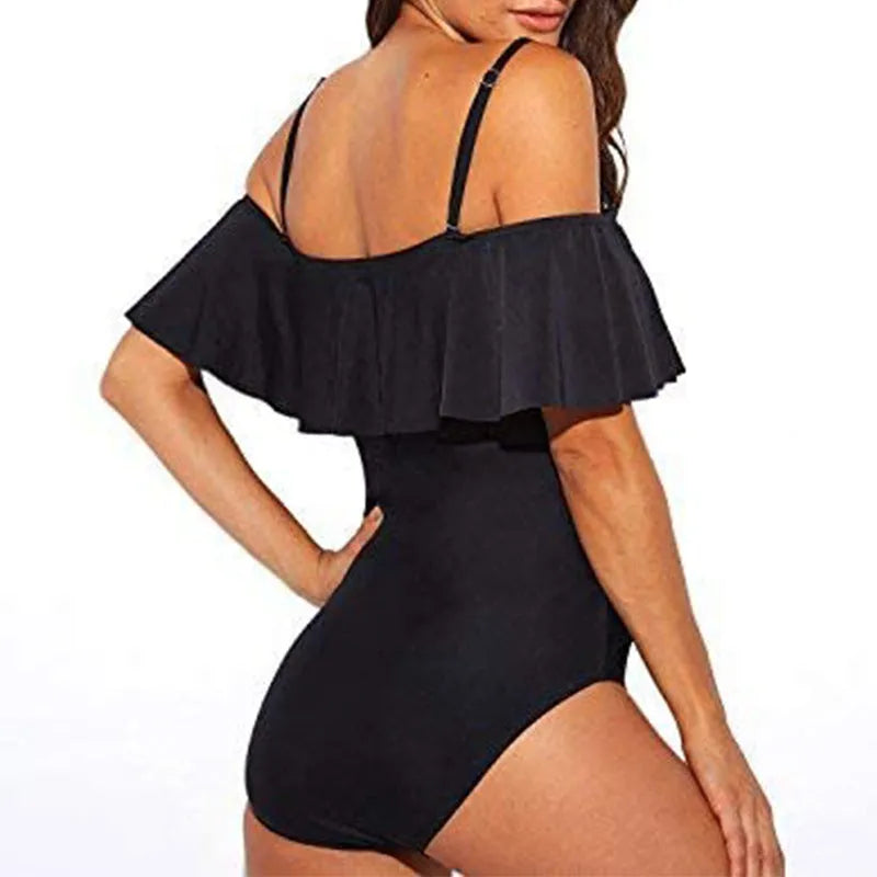Black women's one-piece swimsuit with cut-out ruffled strap tube top design