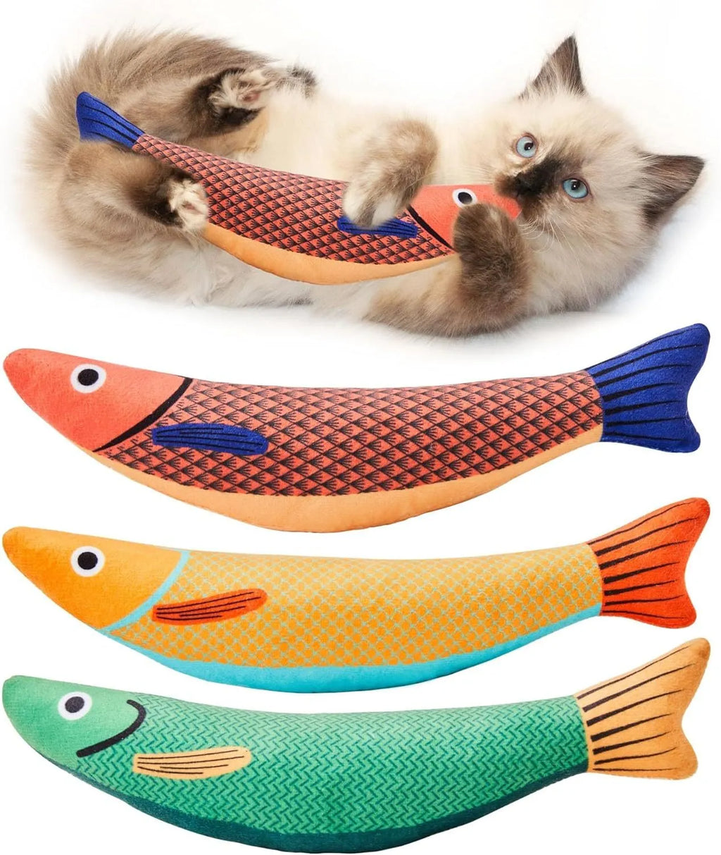 Green, orange and yellow soft plush catnip fish kicker toy measuring 24cm long