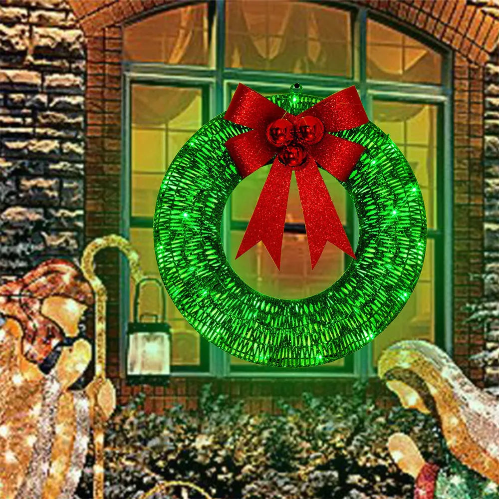 50cm handmade Christmas garland with gold and green bowknot, 140 LED lights, and battery-operated timer for door or wall display
