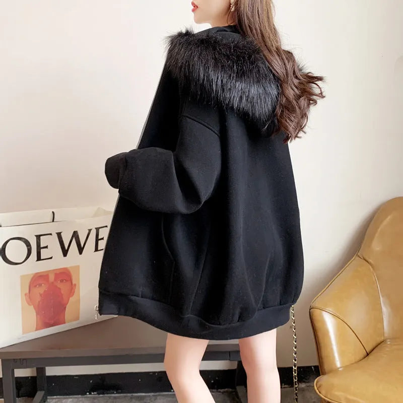 Plus size fleece-lined hooded cardigan sweater in white, grey or black, loose retro style, long sleeves, sizes M L XL