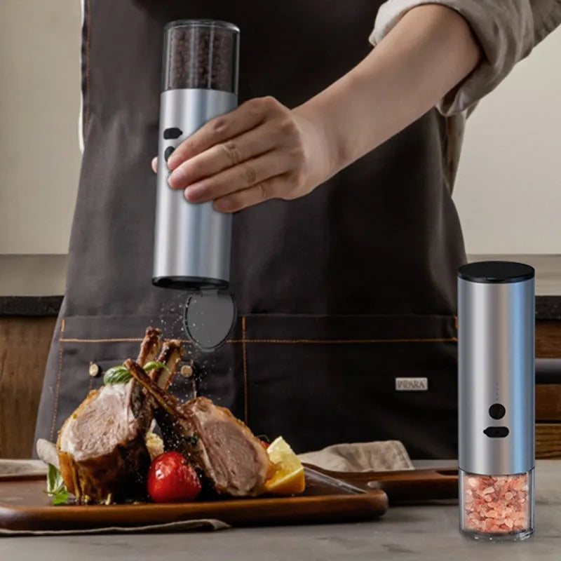 White or black electric salt pepper grinder with clear glass jar and stainless steel top