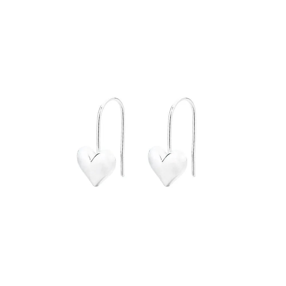 Three-dimensional glossy heart earrings with Korean style design in silver tone