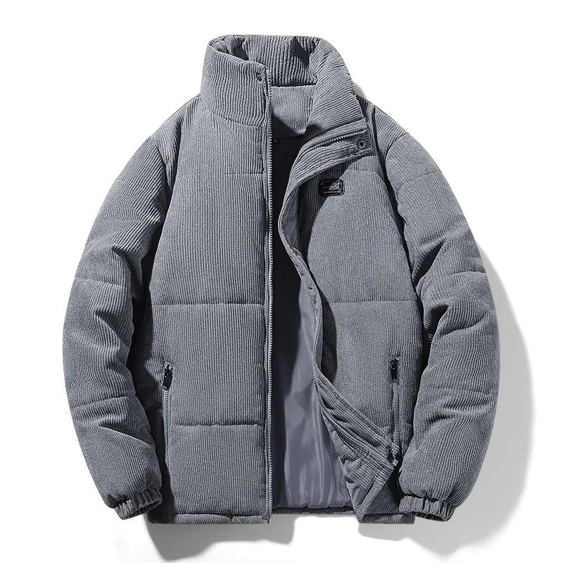 Men's corduroy cotton-padded jacket, fleece-lined, loose fit, 65cm length, round hem, five colours