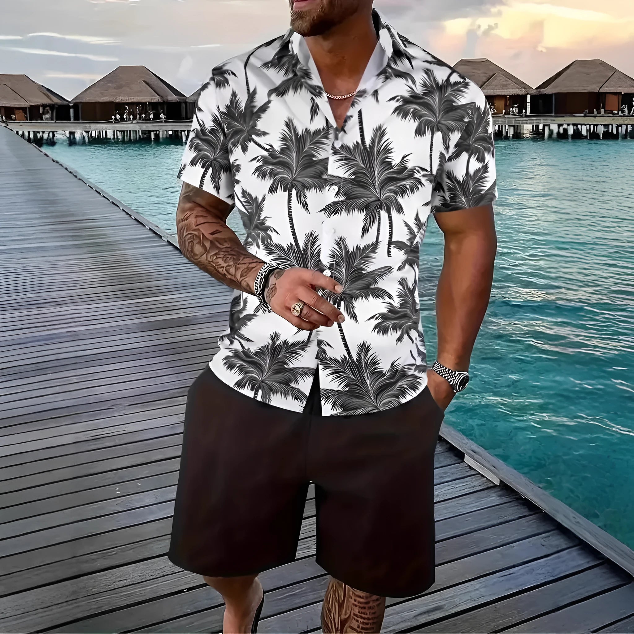 Man wearing a blue 3D printed Hawaii pattern short sleeve shirt and matching shorts leisure set