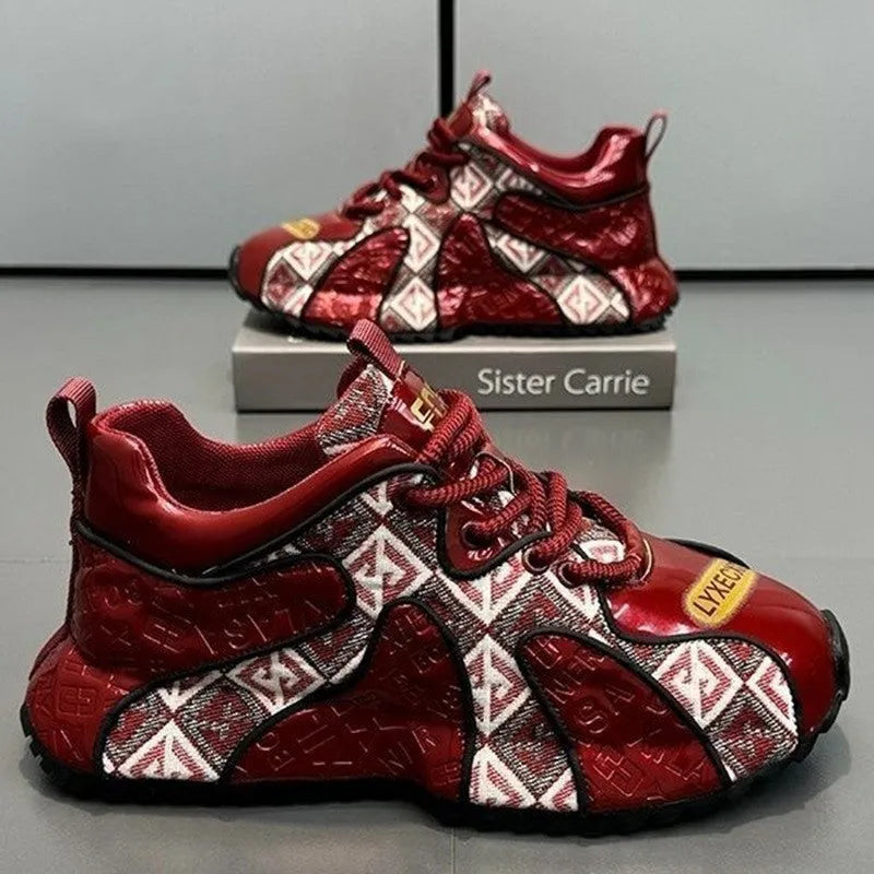 Men's round-toe lace-up casual shoes with a platform heel, available in scarlet, black, and creamy-white.