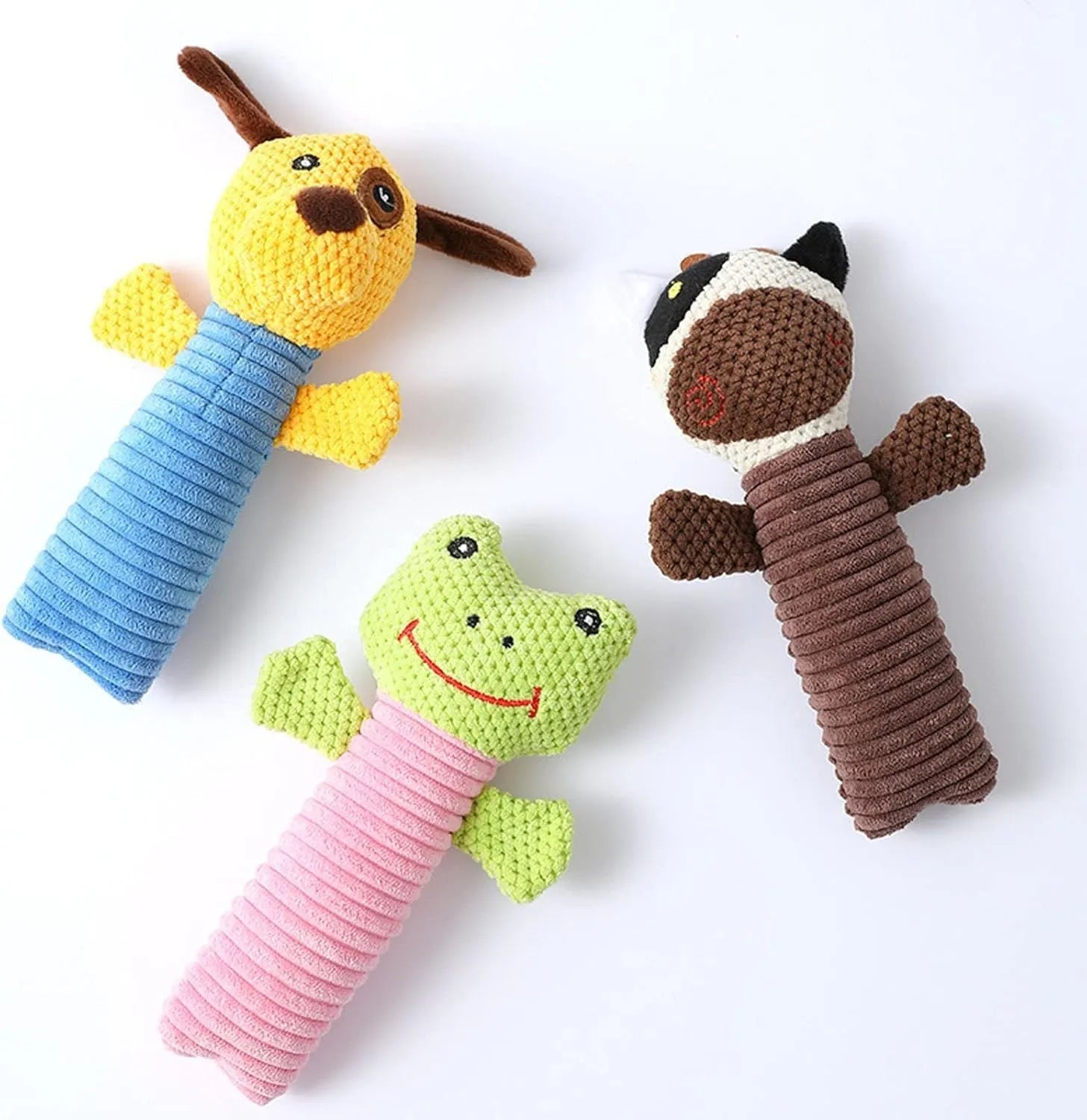 Soft cloth dog squeaky chew toy measuring 19cm by 5cm in stuffed animal shape