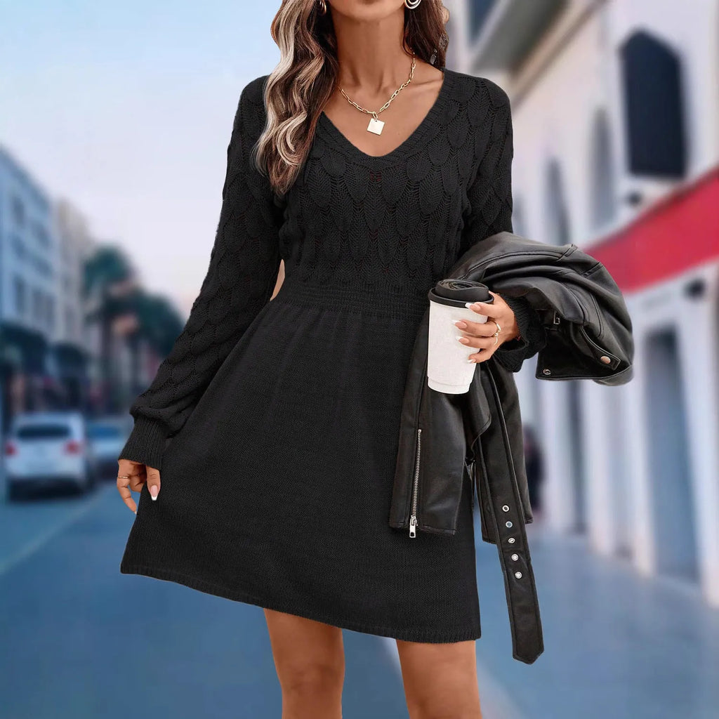 Artistic retro ethnic V-neck beach dress with 3D pattern, long sleeves, and high waist.