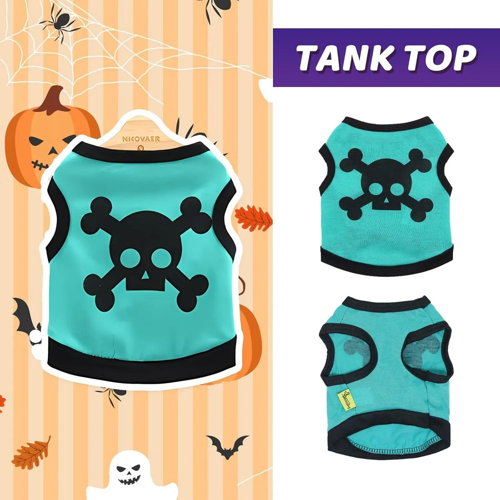 Blue Halloween skull bones pattern dog vest on a small dog