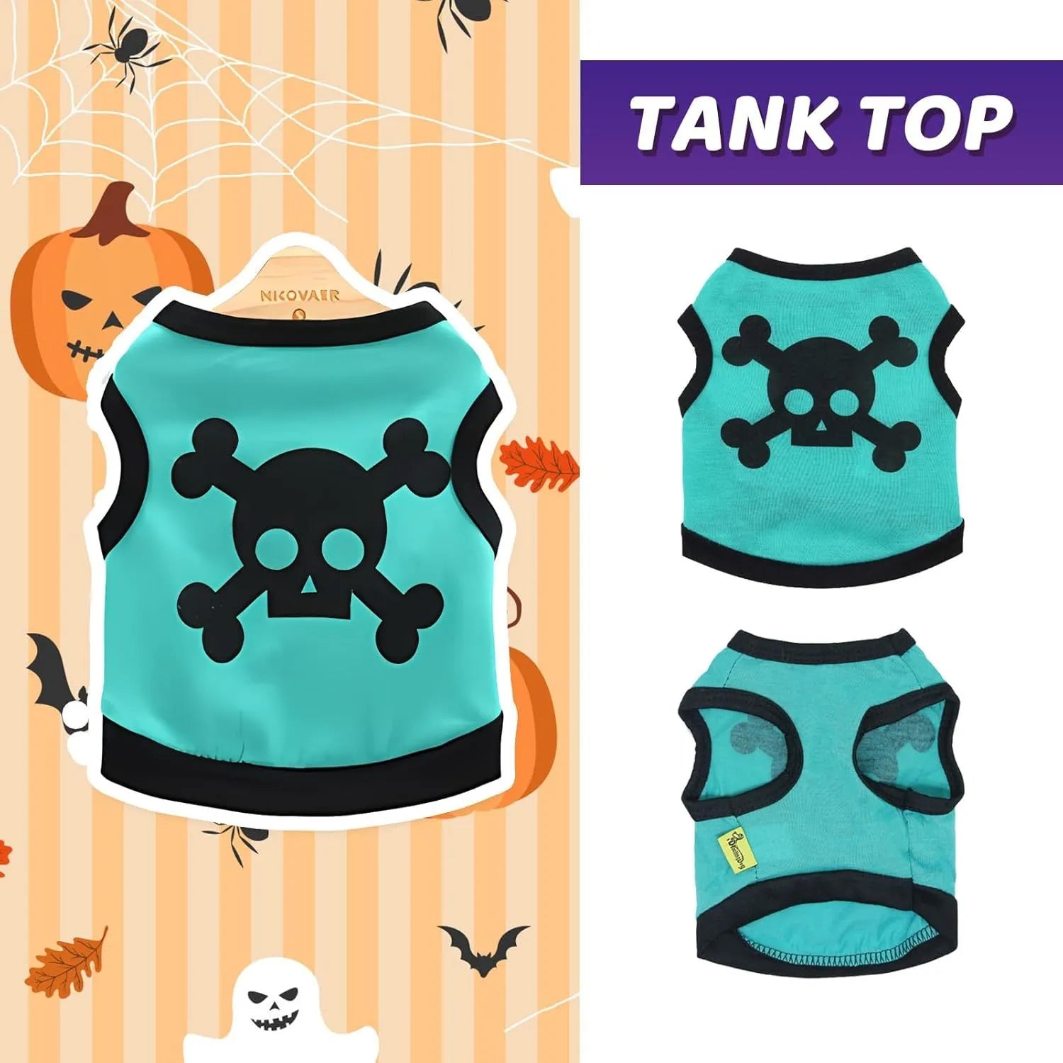 Blue Halloween skull bones pattern dog vest on a small dog