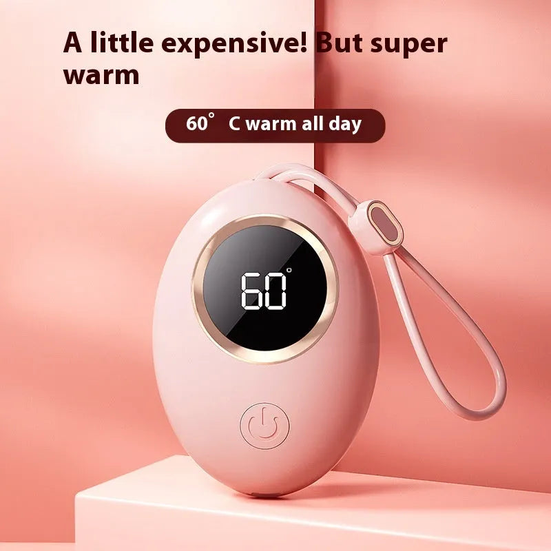 Compact USB-powered hand warmer with digital display in various colour options.