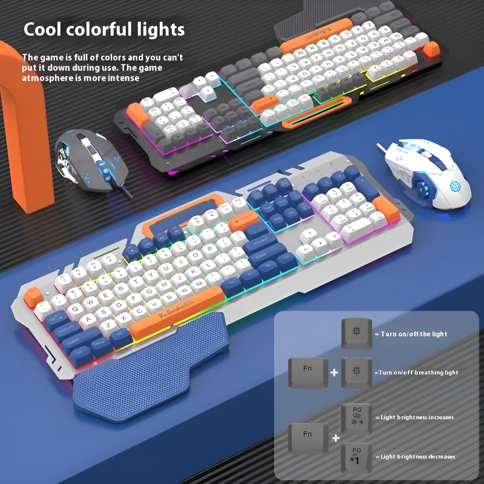 Blue wired gaming keyboard and mouse set with backlit keys on desk
